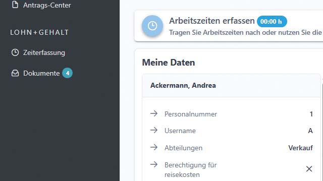 Screenshot aus Lexware myCenter lohn+gehalt plus: Erfassung von Arbeitszeiten