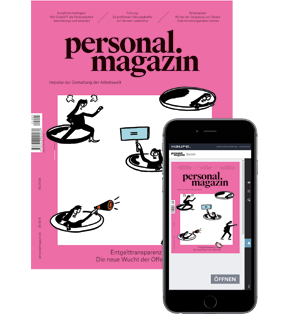 Im Hintergrund das Cover von Personalmagazin, davor das selbe Cover auf einem Smartphone