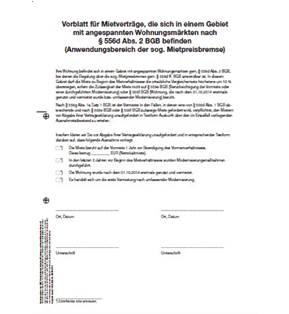 Vorblatt für Mietverträge (Anwendungsbereich der sog. Mietpreisbremse) - Pro Bestelleinheit: 20 Mustervorlagen