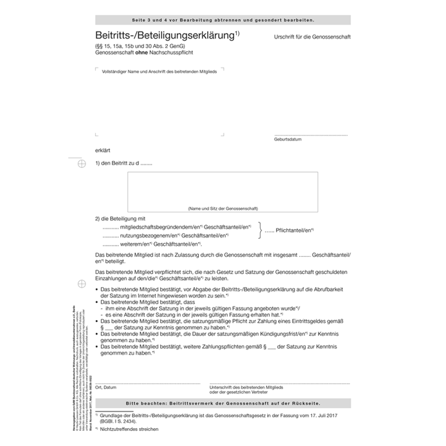 Beitritts- / Beteiligungs­erklärung für Genossenschaften ohne Nachschusspflicht - Pro Bestelleinheit: 20 Vordrucke 