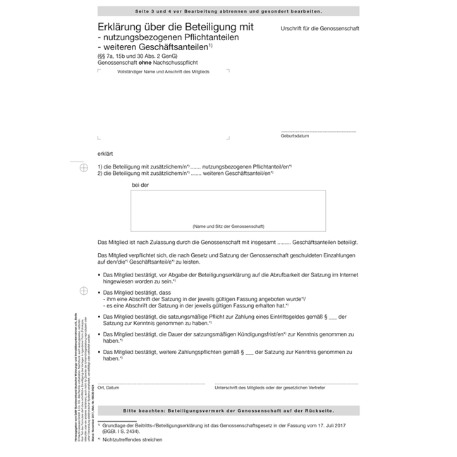 Erklärung über die Beteiligung mit nutzungsbezogenen Pflichtanteilen / weiteren Geschäftsanteilen - Pro Bestelleinheit: 20 Muster-Erklärungen