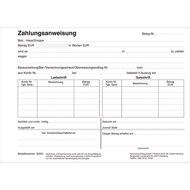 Zahlungsanweisung - Pro Bestelleinheit: 1 Block Zahlungsanweisungen mit 50 Blatt inkl. Durchschrift