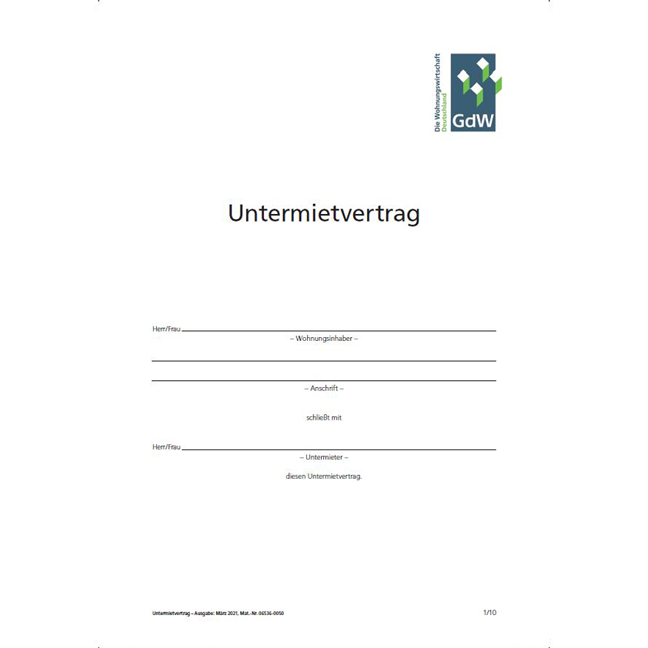 Untermietvertrag - Pro Bestelleinheit: 20 Muster-Verträge