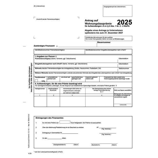 Antrag auf Wohnungsbauprämie 2025, inkl. Erläuterungen - Pro Bestelleinheit: 20 Muster-Anträge