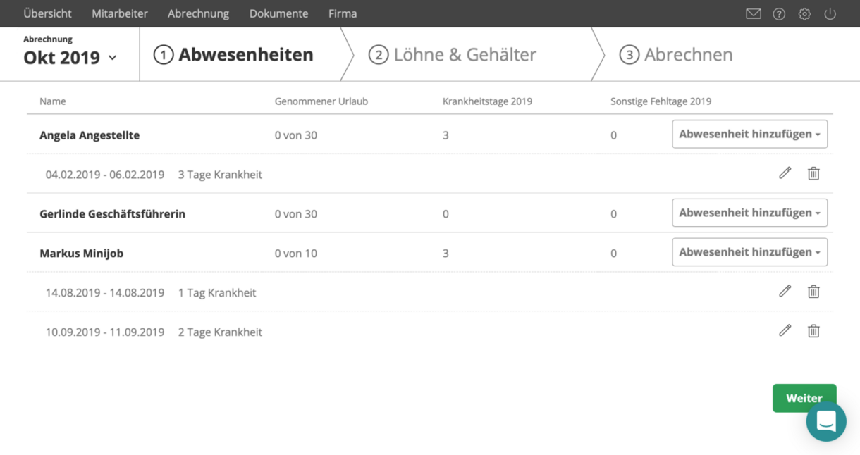 Screenshot: Erfassung von Abwesenheiten in lexoffice Lohn & Gehalt
