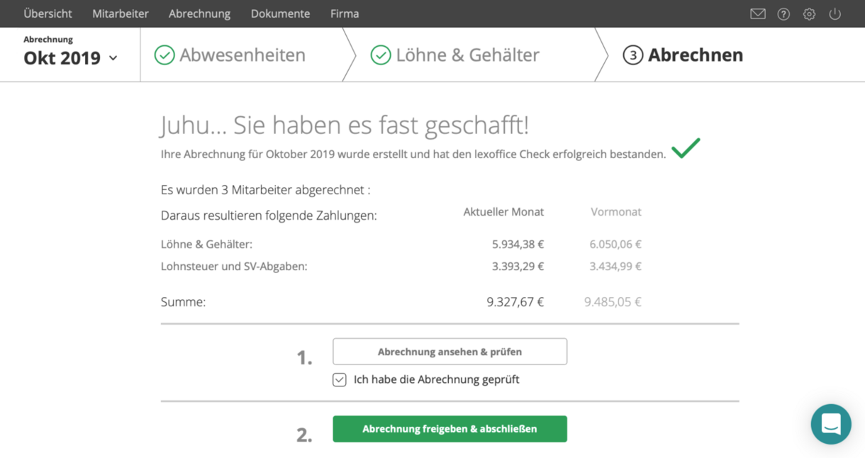 Screenshot: Lohnabrechnungen in lexoffice Lohn & Gehalt