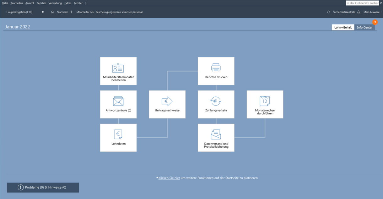 Screenshot einer Übersicht der Funktion der Lohnabrechnungssoftware Lexware lohn+gehalt pro