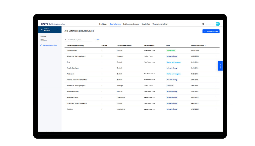Übersicht aller Gefährdungs­beurteilungen
