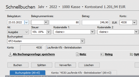 Schnellbuchungsmaske von Lexware kassenbuch