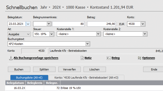Schnellbuchungsmaske von Lexware kassenbuch