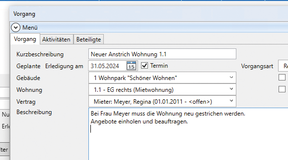 Screen: Vorgangsverwaltung in Lexware hausverwaltung plus