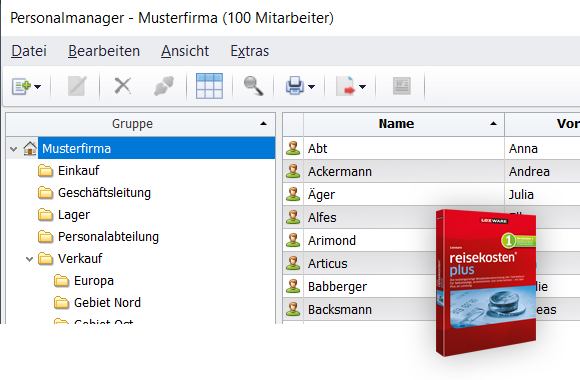 Screen: Mitarbeiterverwaltung in Lexware reisekosten plus