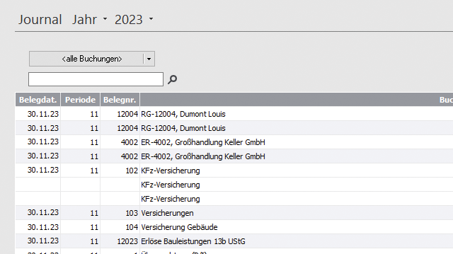 Screen: Buchungsübersicht in Lexware business pro
