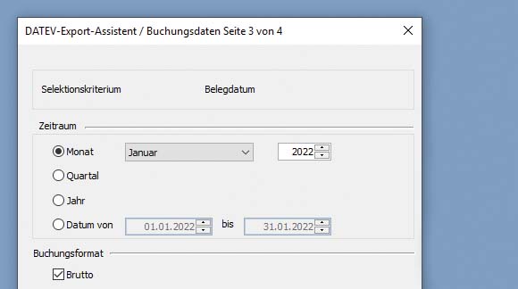 Screen: DATEV-Export mit Lexware Rechnungsprogramm