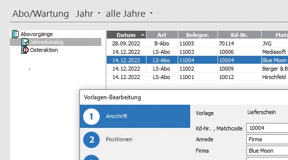 Screen: Erstellung Abo-Verlage in Lexware Rechnungsprogramm
