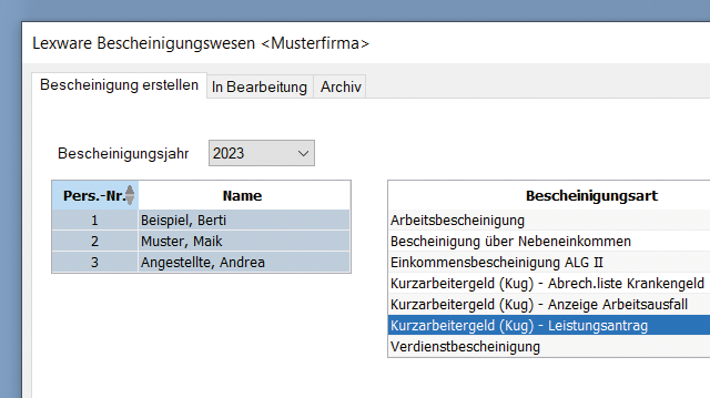 Screen: Abrechnung von Kurzarbeit mit Lexware lohn+gehalt plus