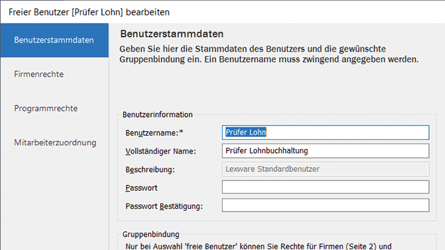 Screen: Benutzerstammdaten in Lexware lohn+gehalt pro