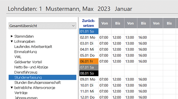 Screen: Stundenerfassung im Lexware Lohnabrechnungsprogramm