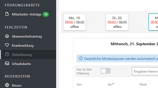 Screen: Arbeitszeiterfassung in Lexware financial office premium