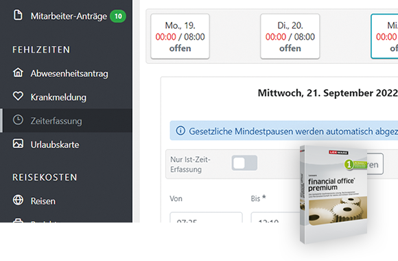 Screen: Arbeitszeiterfassung in Lexware financial office premium