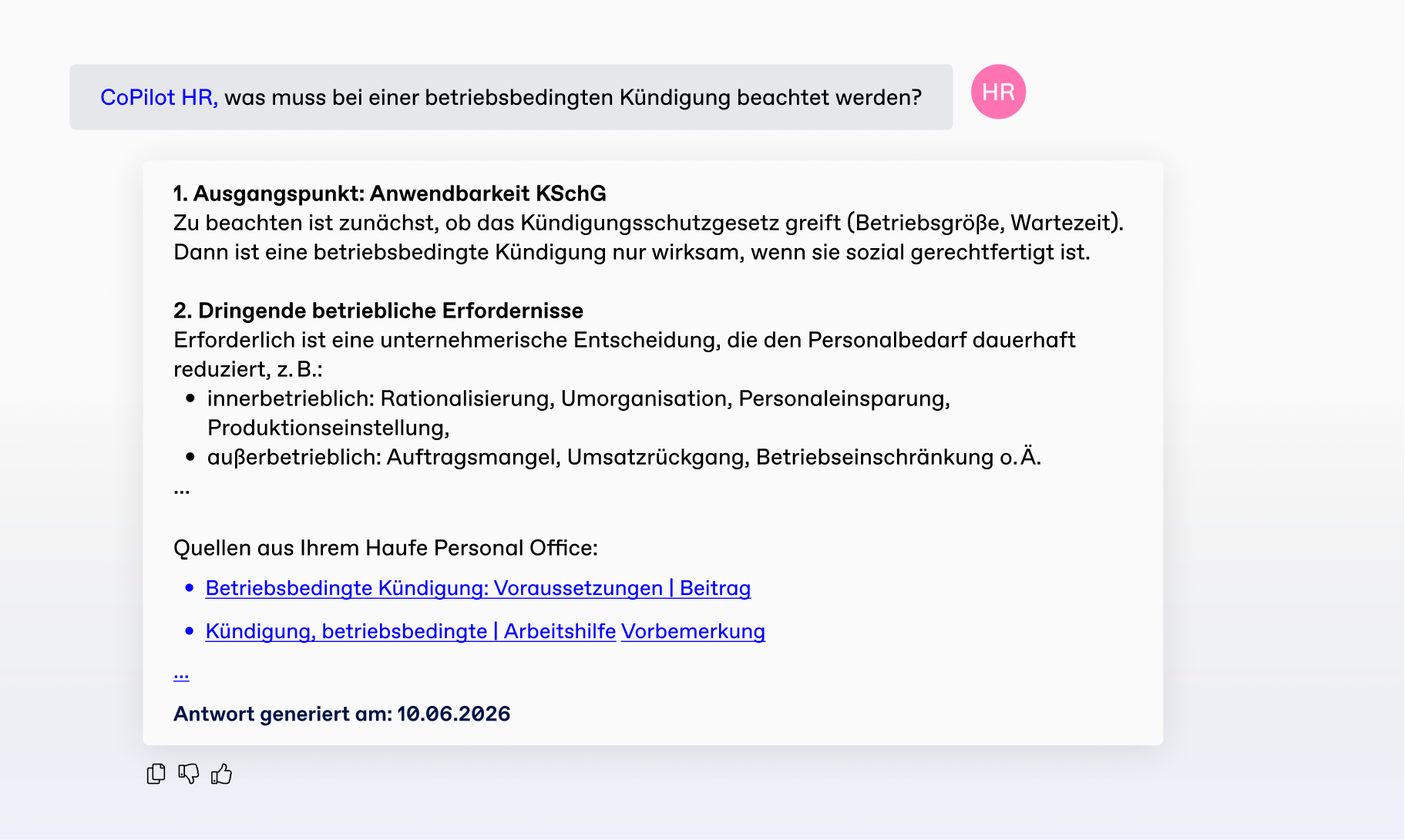 CoPilot HR Beispielantwort zur betriebsbedingten Kündigung