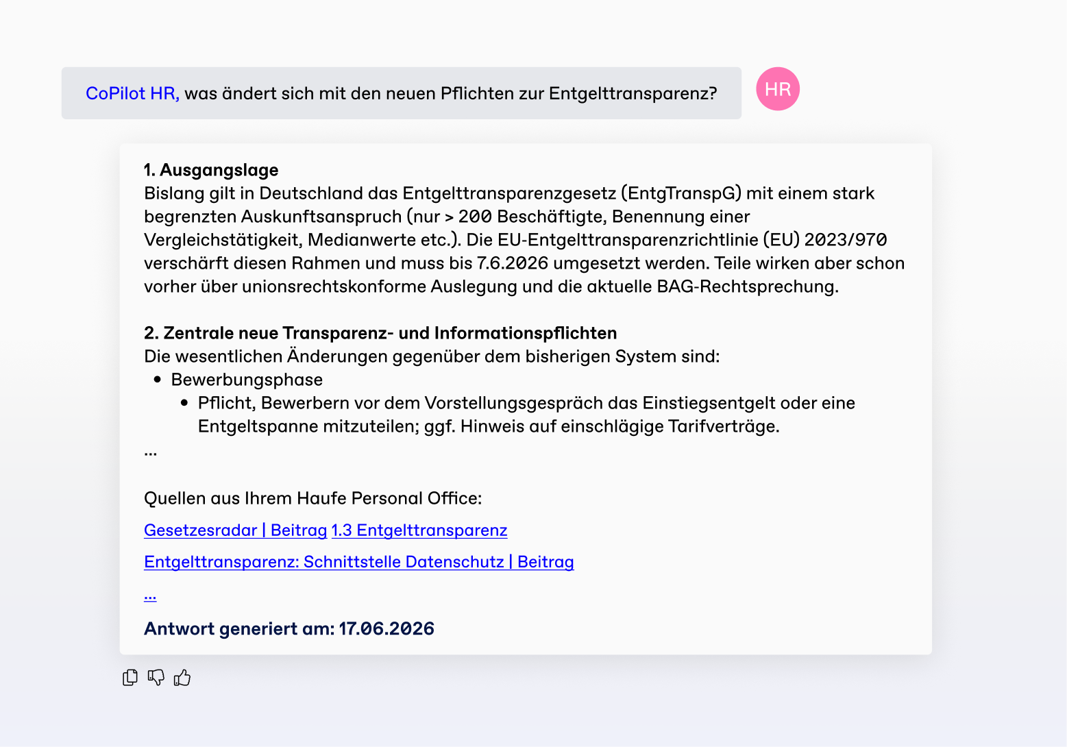 CoPilot HR Beispielantwort zu den neuen Pflichten zur Entgelttransparenz