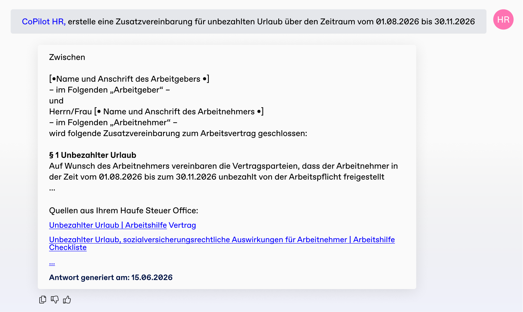 CoPilot HR Beispiel Zusatzvereinbarung für unbezahlten Urlaub