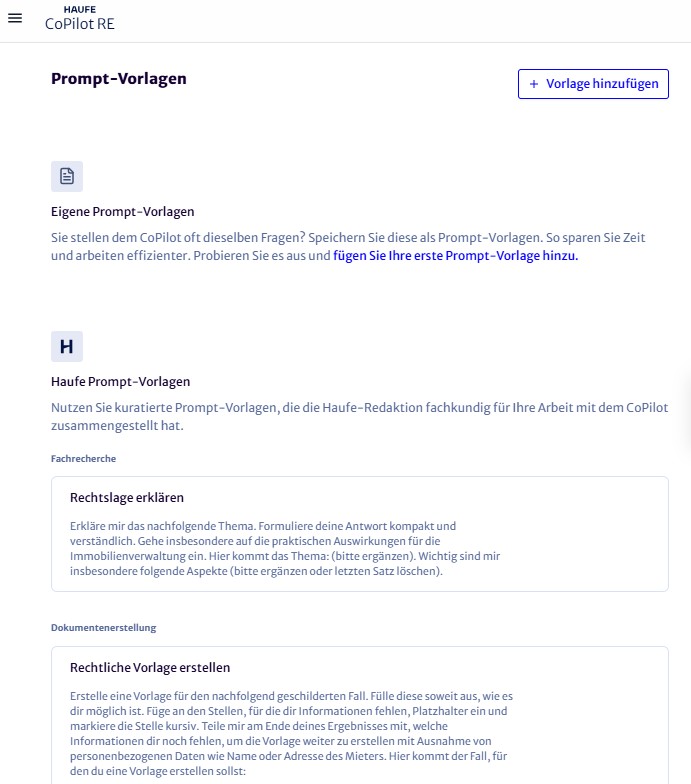 Prompt-Vorlagen und Folgefragen im CoPilot RE