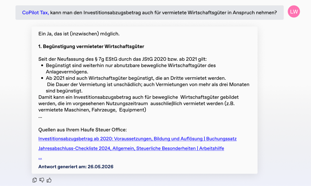 CoPilot Tax Beispielantwort zum Investitionsabzugsbetrag für vermietete Wirtschaftsgüter
