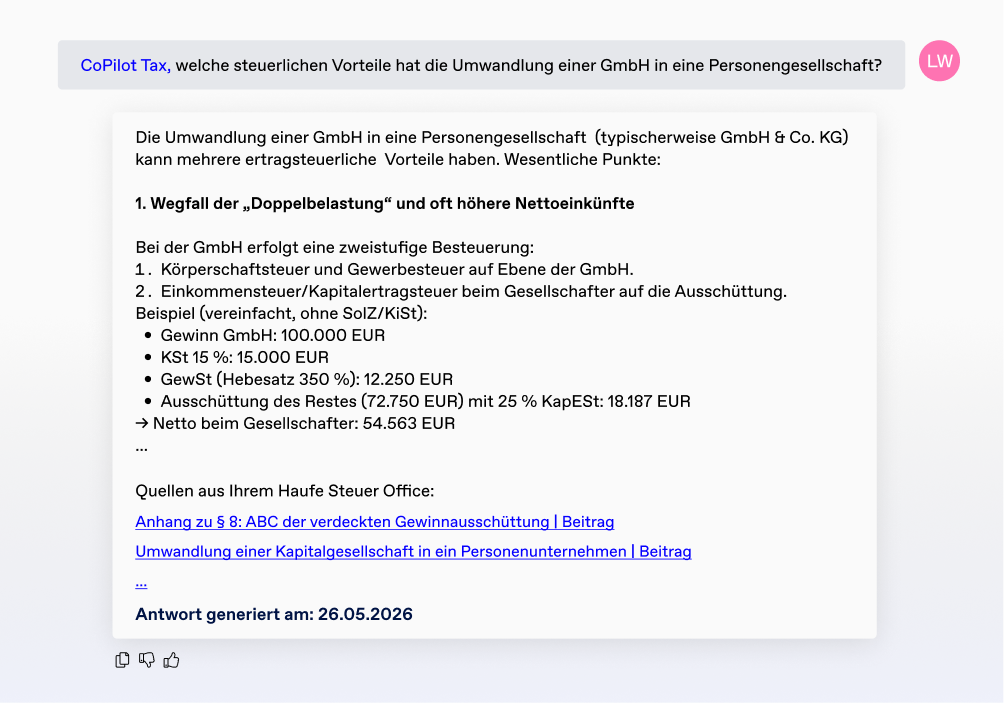 CoPilot Tax Beispielantwort zur Umwandlung GmbH in eine Personengesellschaft