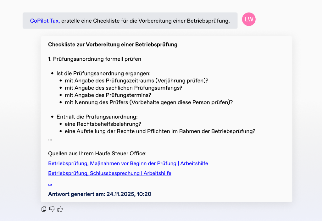 CoPilot Tax Beispiel Checkliste Betriebsprüfung
