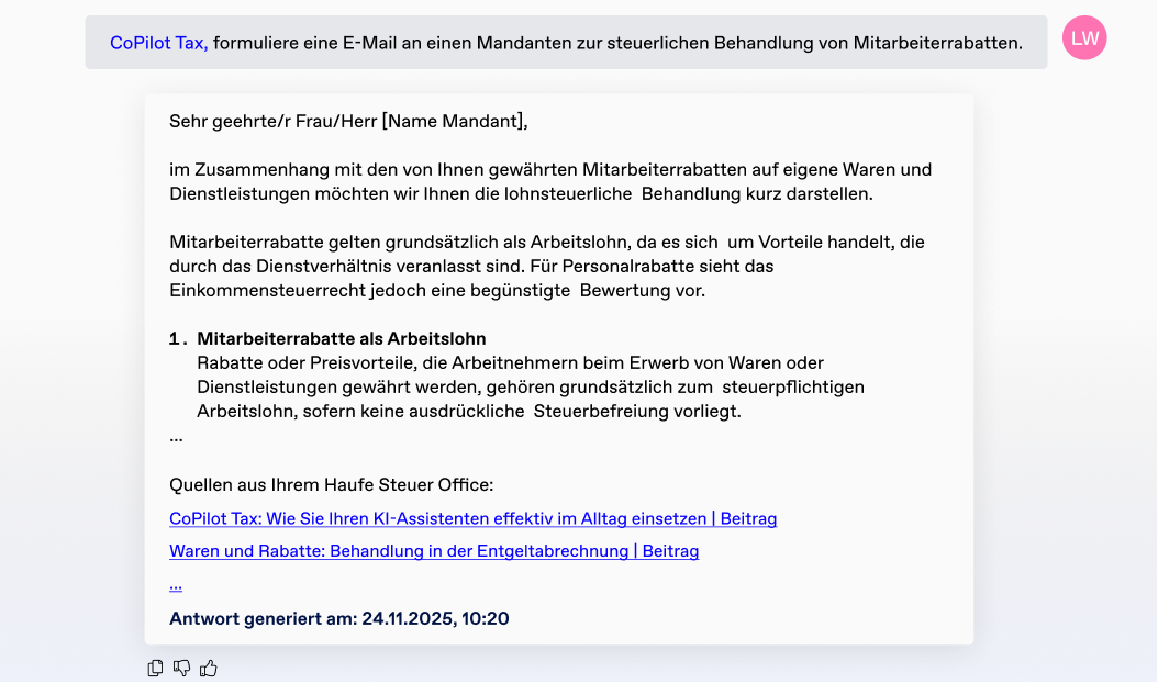 CoPilot Tax Beispiel E-Mail zu Mitarbeiterrabatten