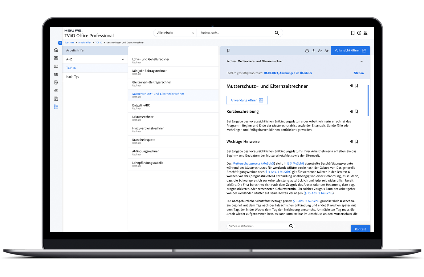 Screenshot: Vorschriftenradar