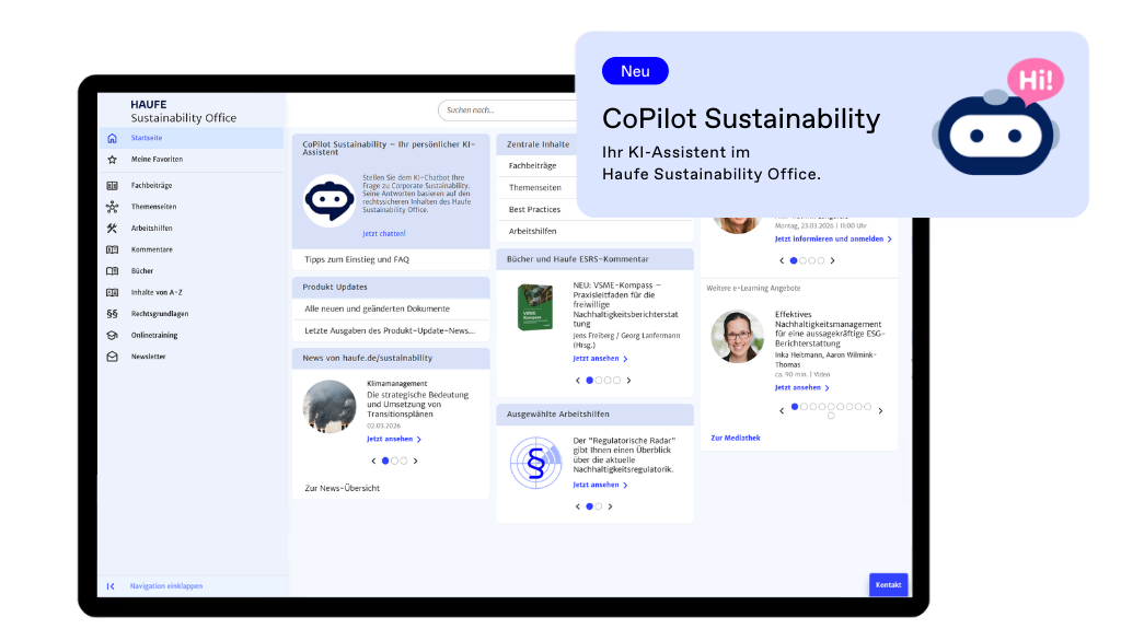 Haufe Sustainability Office - Die topaktuelle, umfassende & KI-unterstützte Fachdatenbank für ein effektives Nachhaltigkeitsmanagement