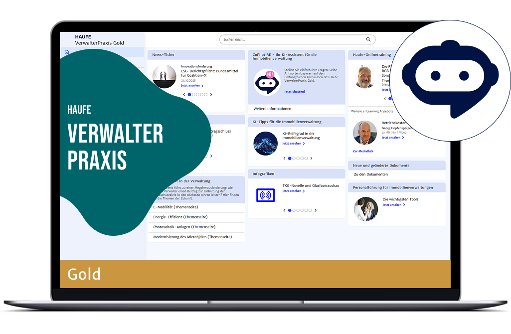 Haufe VerwalterPraxis Gold - Das komplette Fachwissen, praktische Arbeitshilfen sowie Infos zum Gebäudeenergiegesetz (GEG 2024) für eine erstklassige Immobilienverwaltung inkl. E-Training zum Zertifizierten Verwalter und 24 Online-Seminaren.