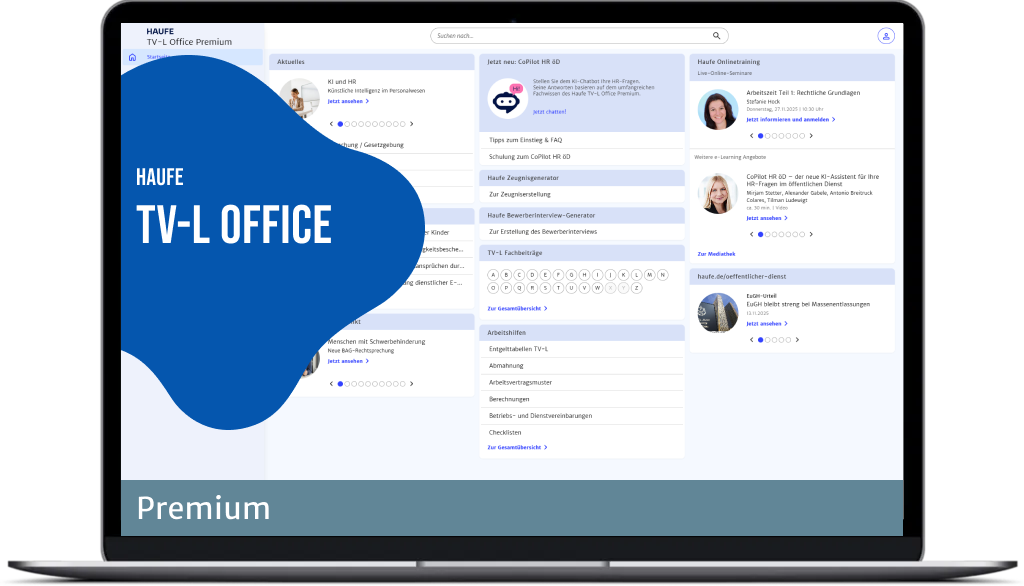 Haufe TV-L Office Premium - Die umfassende HR-Software zum Personal- und Arbeitsrecht für den öffentlichen Dienst der Länder.