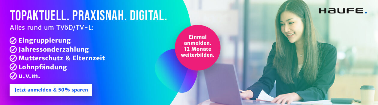 Auf dem Banner ist rechts eine Frau zu sehen, die am Notebook arbeitet. Links steht folgender Text: 'Topaktuell. Praxisnah. Digital. Alles rund um TVöD/TV-L: Eingruppierung, Jahressonderzahlung, Mutterschutz & Elternzeit, Lohnpfändung, u.v.m. Jetzt anmelden & 50% sparen.